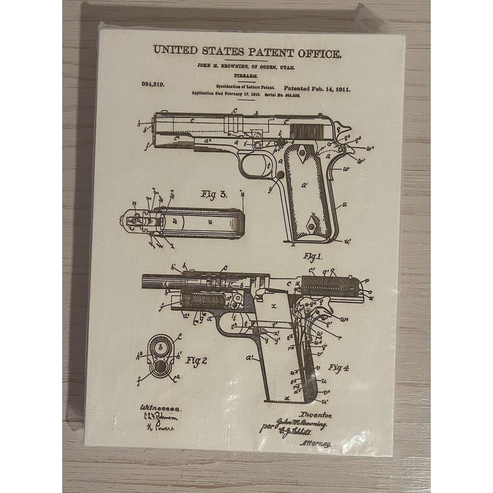Browning 1911 Patent Print Wood Wall Art | Fire & Pine Mini Plaque Gun Decor USA